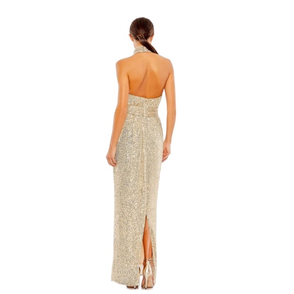 Ieena for Mac Duggal Sequin Halter Neck Sheath Gown gold size 12 - Picture 2 of 12